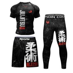 Camiseta e calça masculina de MMA Boxe Rash Guard, calções de ginástica, luta brasileira, MMA Boxe, Jiu Jitsu, novas roupas esportivas, 4 pçs/set - Image 3