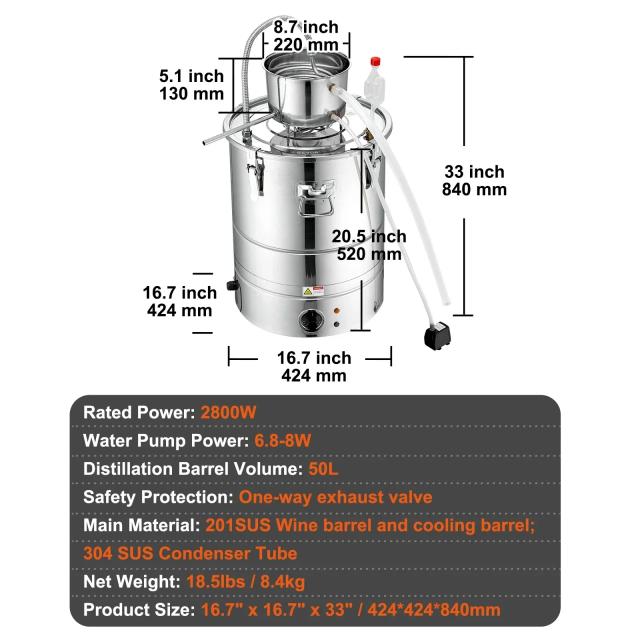 Destilador de Álcool de Aço Inoxidável VEVOR para Uso Doméstico - Ideal para Cerveja, Óleo Essencial, Whisky, Vinho e Brandy em 30 e 50 Litros