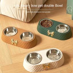 Laço bowknot tigela de comida para cães e gatos, Pet fornecimentos, PP Base, aço inoxidável, Double Pet acessórios, alimentação, beber - Image 1