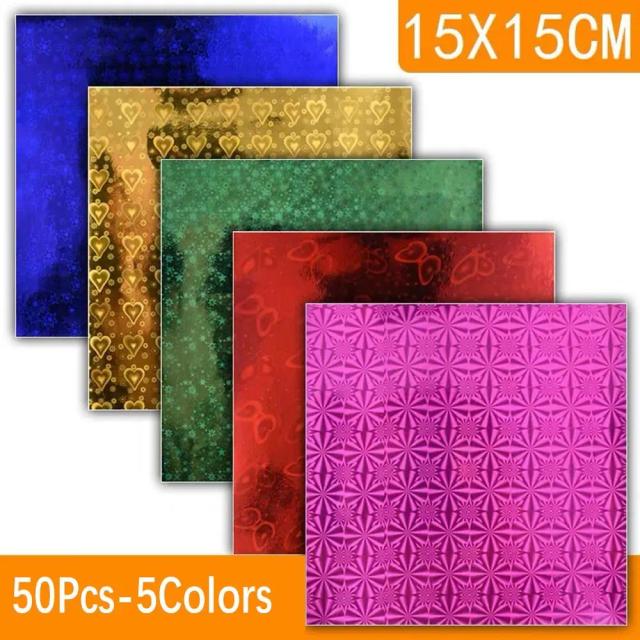 Papel Quadrado Handmade de Origami com Glitter Holográfico para Scrapbooking e Decoração Artesanal - 50 Peças de 15cm