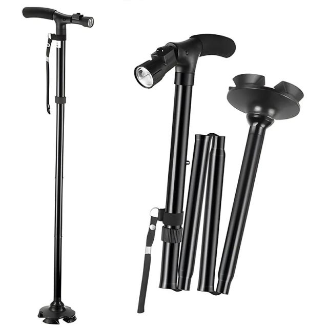 Bastão de Caminhada T-Handle com Lanterna: Polos Ajustáveis, Leves e Antiderrapantes em Alumínio Dobrável