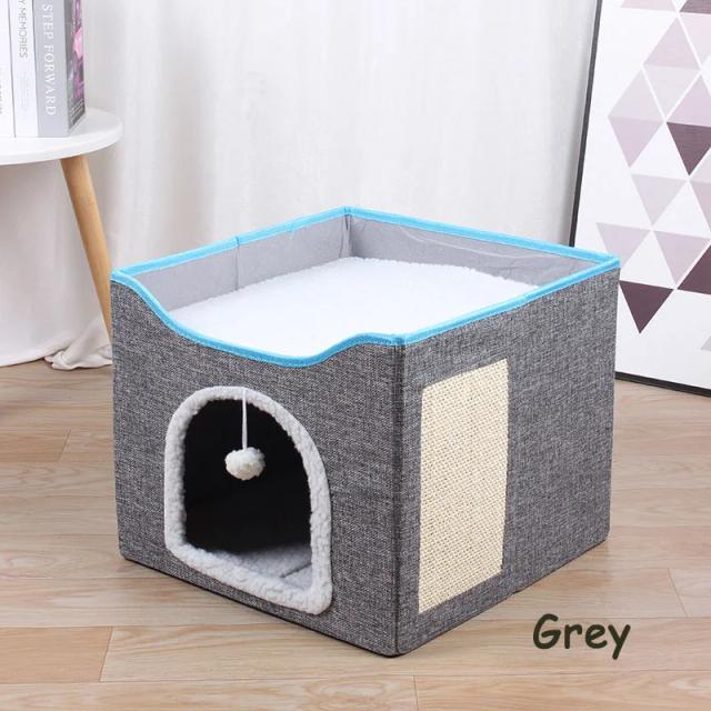 Cama Dobrável para Gato com Camadas Duplas, Caverna Lavável e Almofada de Arranhões para Animais de Estimação