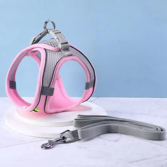 Arnês Respirável Ajustável para Cães Pequenos e Gatos com Coleira Refletora e Alça de Peito - Tamanhos XXS a L