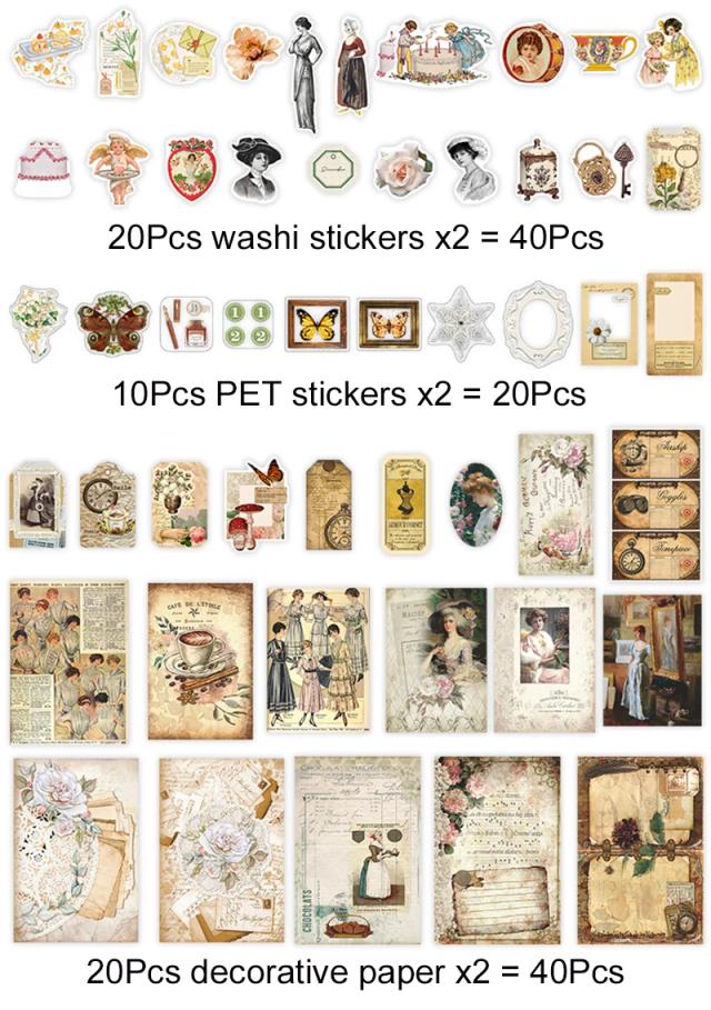 Conjunto de 100 Adesivos Vintage para Scrapbooking e Diários - Papel Washi Retro e Natural