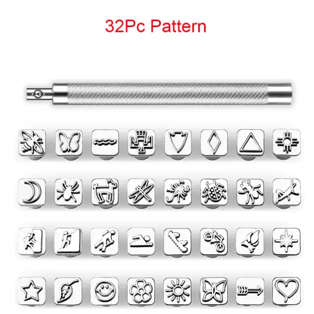 Kit Completo com 32 Ferramentas de Carimbo de Couro para Artesanato DIY - Selo de Aço com Padrão de 10x10mm