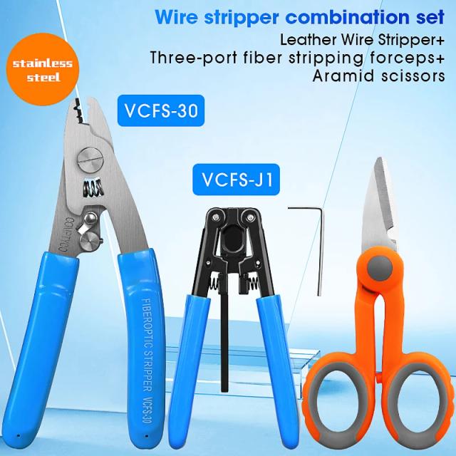 Kit de Ferramentas em Aço Inoxidável para Fibra Óptica: Stripper, Tesoura Aramid e Descarnador VCFS-30 - 3 Peças