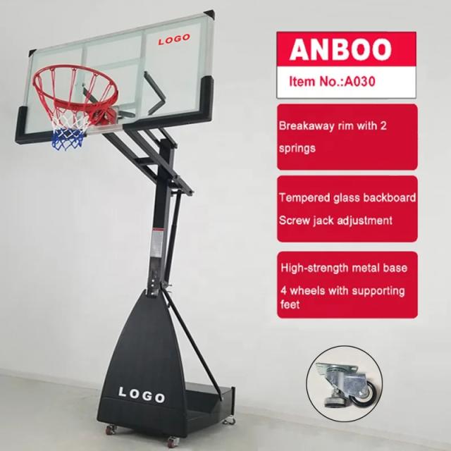 Suporte Portátil Ajustável para Basquete com Aro e Placa de Vidro Móvel