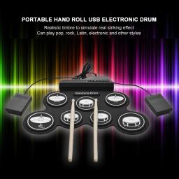 Kit de Bateria Eletrônica com Baquetas e Pedal Sustain, Rolo de Mão, Bateria de Música Dobrável, Prática Portátil, USB, Kit 7-Pad - Image 3