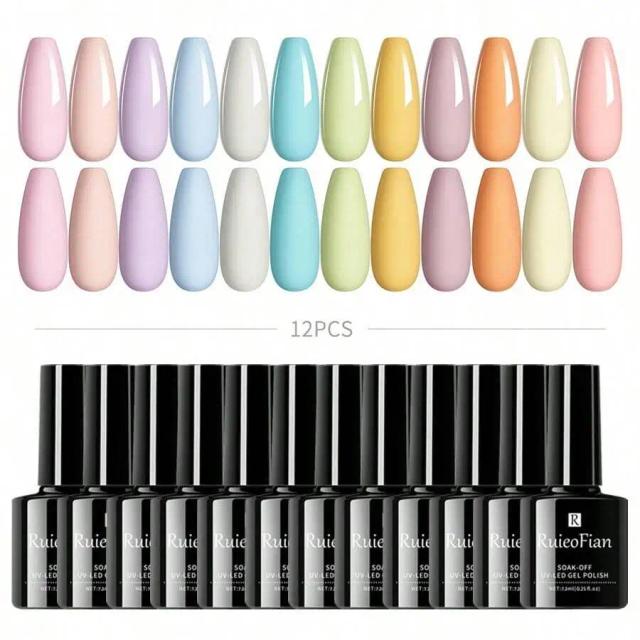 Conjunto de 12 Esmaltes Gel Macaron em Cores Azul e Rosa para Manicure Semipermanente - Primavera Verão