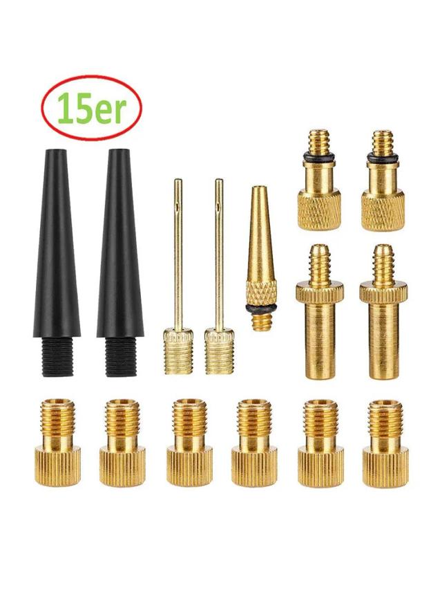 Adaptador de Válvula para Bicicleta - Conjunto de 15 Peças para Bombas de Pneus SV, AV e DV