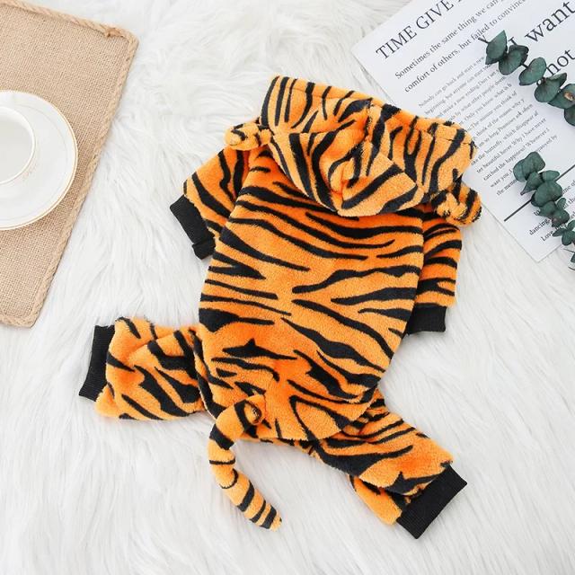 Traje de Flanela Espessa para Pets com Estampa de Dinossauro e Tigre - Roupas Quentes para Gatos e Cachorros no Outono e Inverno