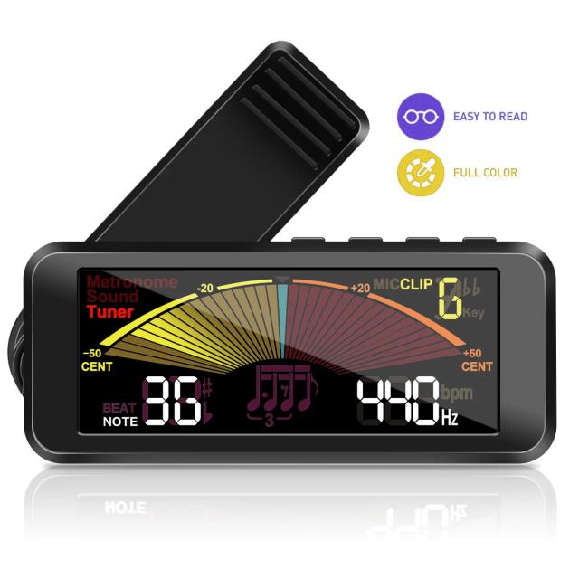 Sintonizador Digital Recarregável 3 em 1 com Clip para Guitarra, Bumbo e Violino - Metronome com Rotação de 360 Graus