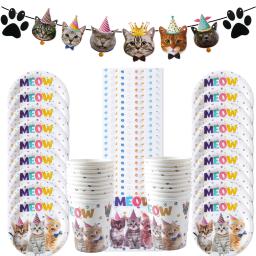 Conjunto de utensílios descartáveis para crianças, Pet Cats Theme Party Supplies, banner de papel, prato, copo, bolo Topper, decoração de aniversário - Image 4