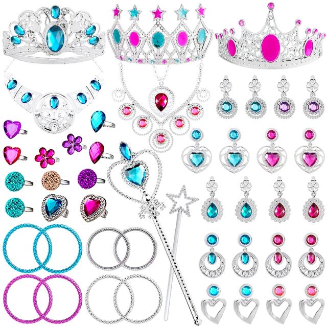 Kit de Joias de Princesa para Crianças com 48 Peças: Coroas, Colares, Varinhas, Brincos e Pulseiras para Fantasias e Festas