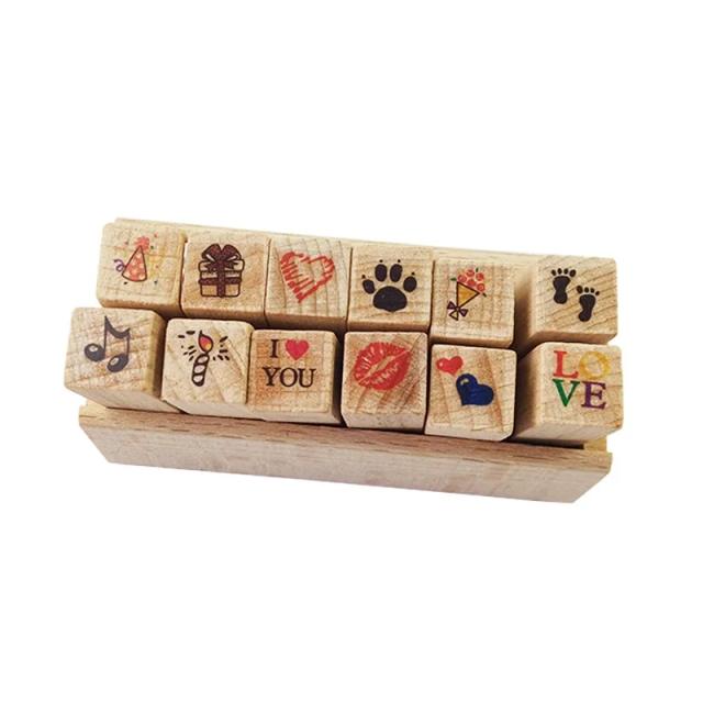 Conjunto de 12 Carimbos de Madeira com Design de Desenhos Animados para Emoções e Viagens