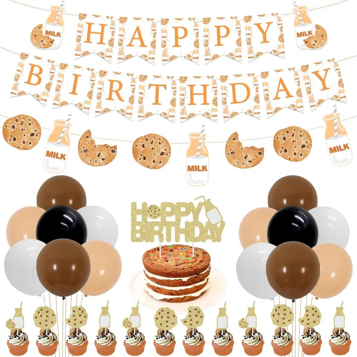 Leite e biscoitos tema festa de aniversário decorações biscoito banner de leite bolo topper balões para crianças 1st 2nd 3rd aniversário suprimentos - Image 1