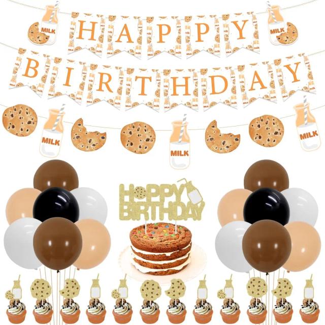 Decoração de Festa de Aniversário: Tema Leite e Biscoitos com Banner, Topper de Bolo e Balões para Crianças de 1 a 3 Anos