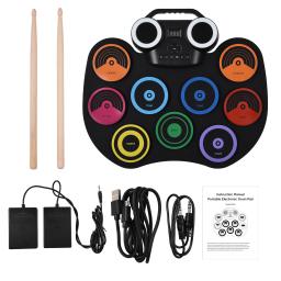 Conjunto de Tambor Elétrico Portátil com Luzes Coloridas, Kit de Almofadas Embutidas, Tela de Exibição LED, 2 Bastão de Tambor e Pedal, 9 Almofadas - Image 1