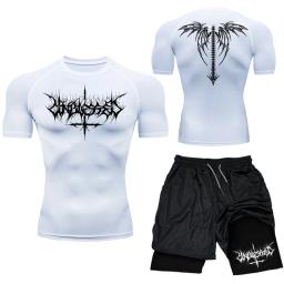 Terno Rashguard respirável masculino, Conjunto de Compressão Impresso Top de Ginásio de Manga Curta Shorts de Treino Secagem Rápida Atletismo Atlético Y2K - Image 2