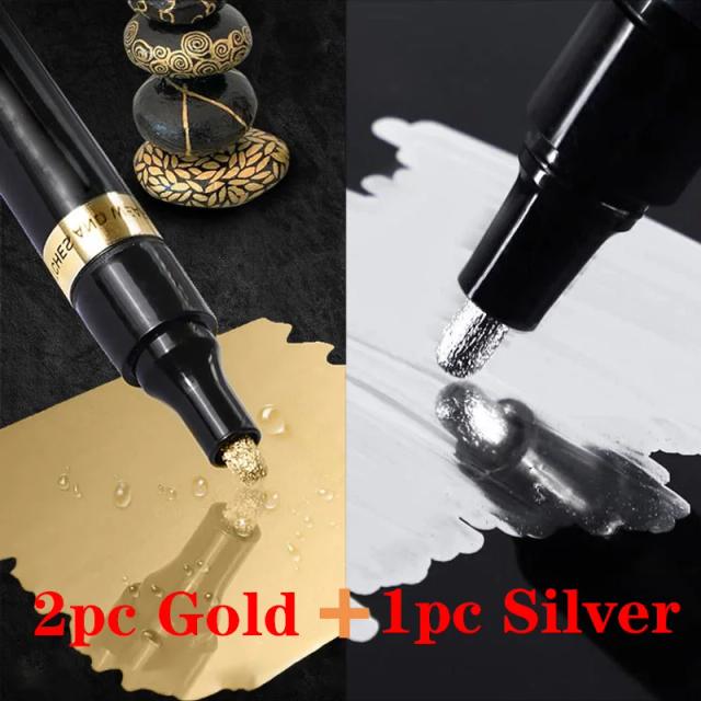 Conjunto de Canetas Pintura Refletiva em Cores Ouro e Prata para Espelhos e Superfícies Transparentes - 3 Peças com Caneta Permanente