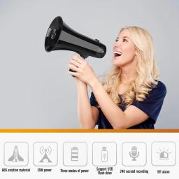 Alto-falante megafone bullhorn com sirene embutida, alto-falante portátil de energia, unidade flash USB, gravação preta, 240S, 35W - Image 5