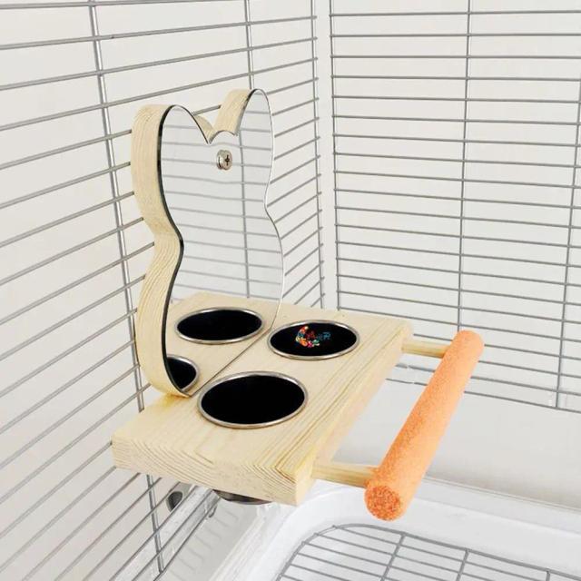 Brinquedo Interativo para Papagaios: Espelho com Copos Alimentadores e Tigela de Madeira em Estilo Quebra-Cabeça