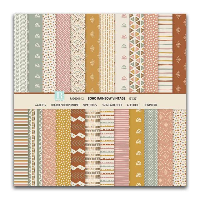 Papéis de Scrapbooking Dupla Face BOHO - 24 Folhas de 12x12 Polegadas com Impressão Modelada para Fundo Criativo