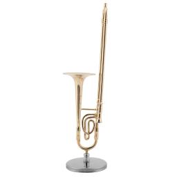 Réplica miniatura do trombone com suporte e estojo, modelo de instrumento banhado a ouro, ornamentos musicais, presente, 15cm - Image 5