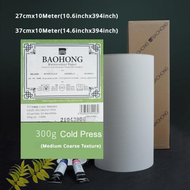 Rolo de papel aquarela BAOHONG 300g branco natural 100% algodão 10,6/14,6 pol. * 394 pol. (27/37 cm * 10 m) papel profissional prensa a frio áspero