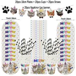 Talheres descartáveis para decoração de festa, gatinho bonito, placas de papel, copos, banner, tema gatos, suprimentos de aniversário para crianças - Image 2