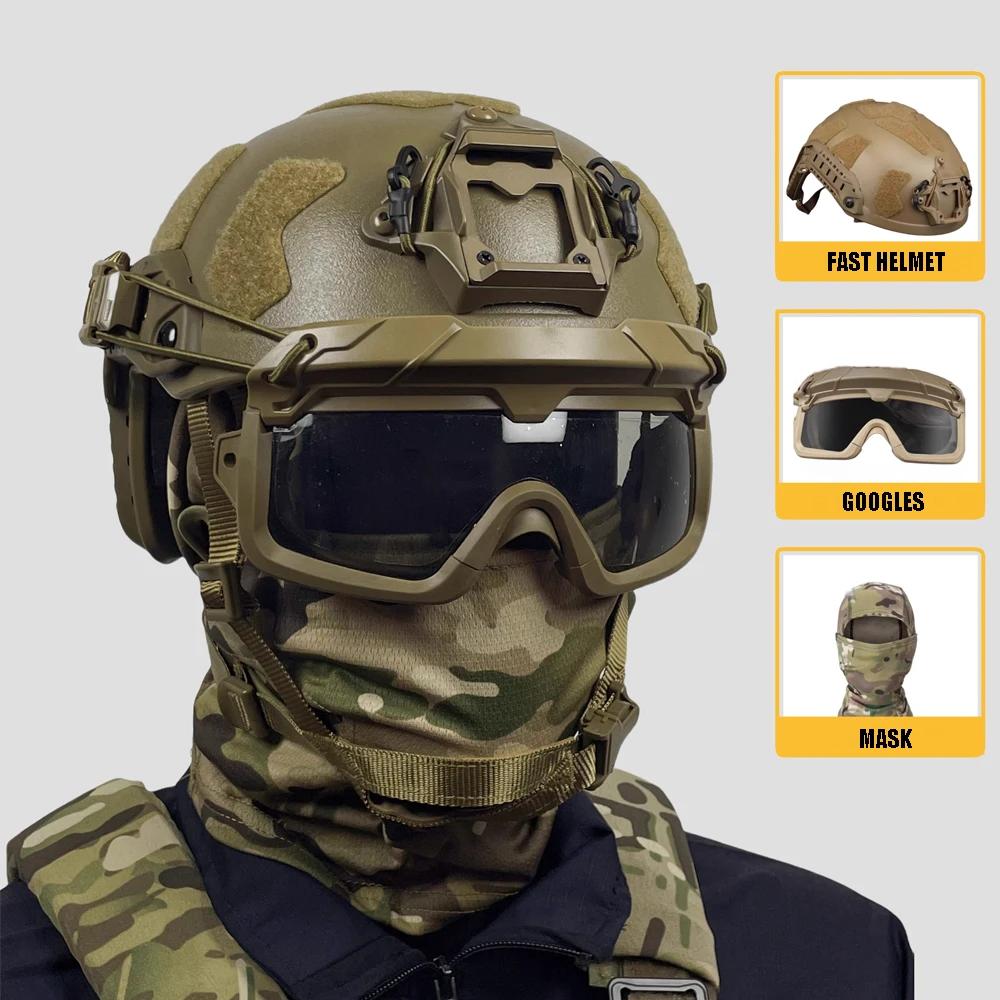 Conjunto de capacete tático com óculos de airsoft, fone de ouvido de tiro, montagem LG24, luz de identificação, bolsa de bateria, modelo de câmera, máscara balaclava - Image 1