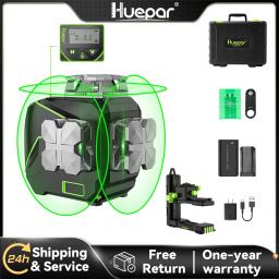 Huepar 3d display lcd cross line laser nível 12 linhas feixe verde bluetooth & funções de controle remoto s03cg com estojo rígido - Image 1