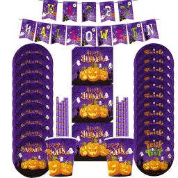 Louça descartável Set for Happy Halloween, abóbora, bruxa, placas de papel, copos, palhas, Home Party Decoration, Abastecimento - Image 3