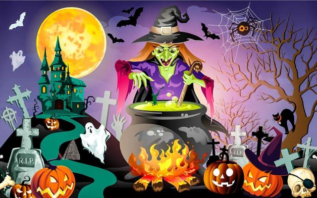 Decoração de Halloween: Mural de Bruxas para Banner de Festa e Pano de Fundo Temático