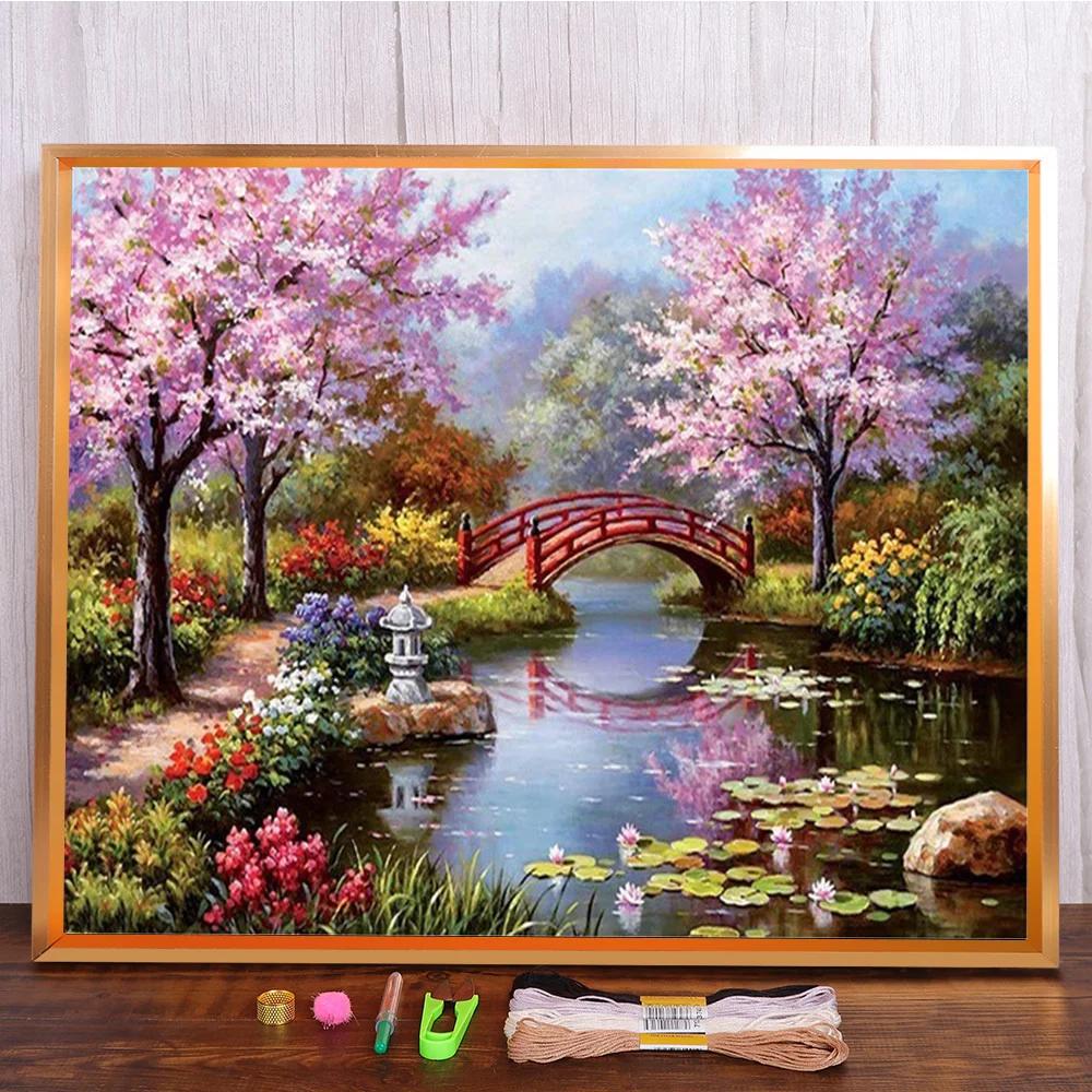 Meian paisagem kits de ponto cruz casas dos desenhos animados fluxo cerejeira sonho decoração casa pintura bordado conjunto dmc impresso lona - Image 1