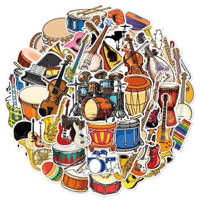 Adesivos Vintage de Instrumentos Musicais para Crianças - Violinos, Guitarras e Muito Mais (50 Peças)