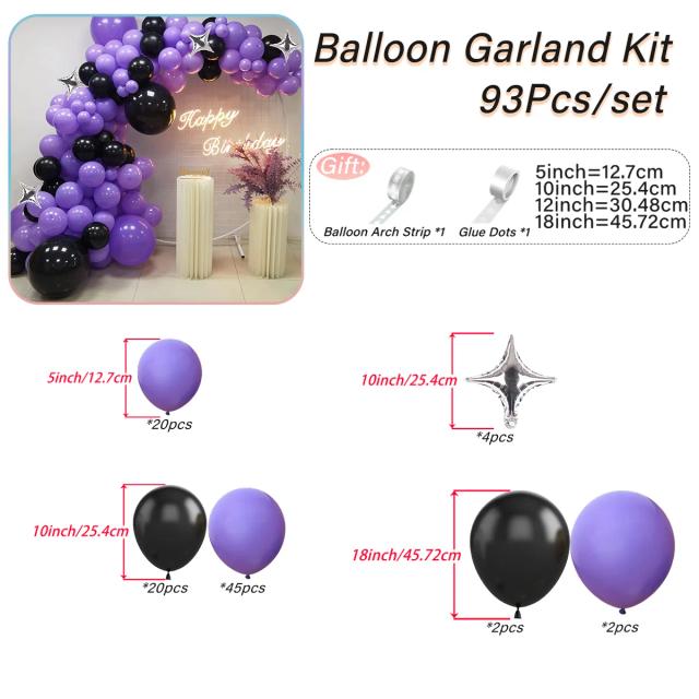 Kit de Balões Arco em Látex para Decoração de Festas - Prateado, Preto e Roxo, Ideal para Aniversários (93 Peças, 5 a 18 Polegadas)