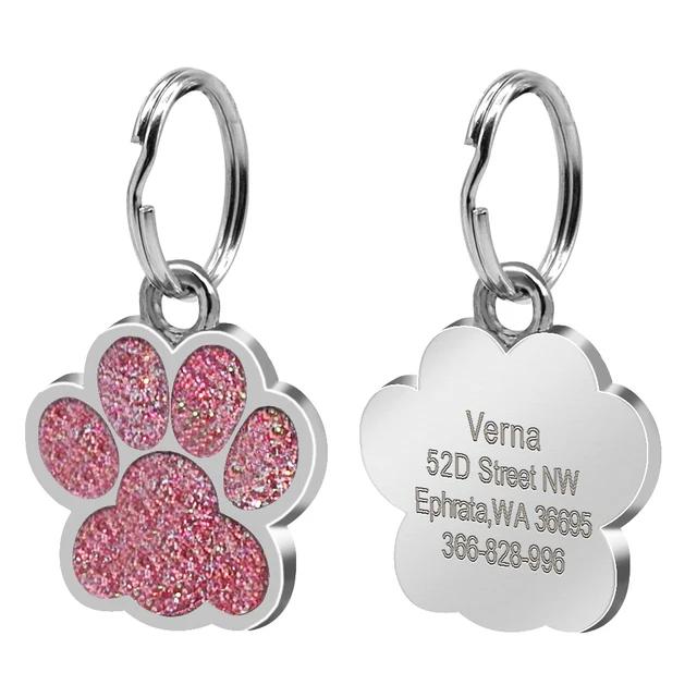 Tag de Identificação Personalizada com Impressão da Pata para Animais de Estimação, Nome Gravado e Pingente Brilhante para Cachorros e Gatos