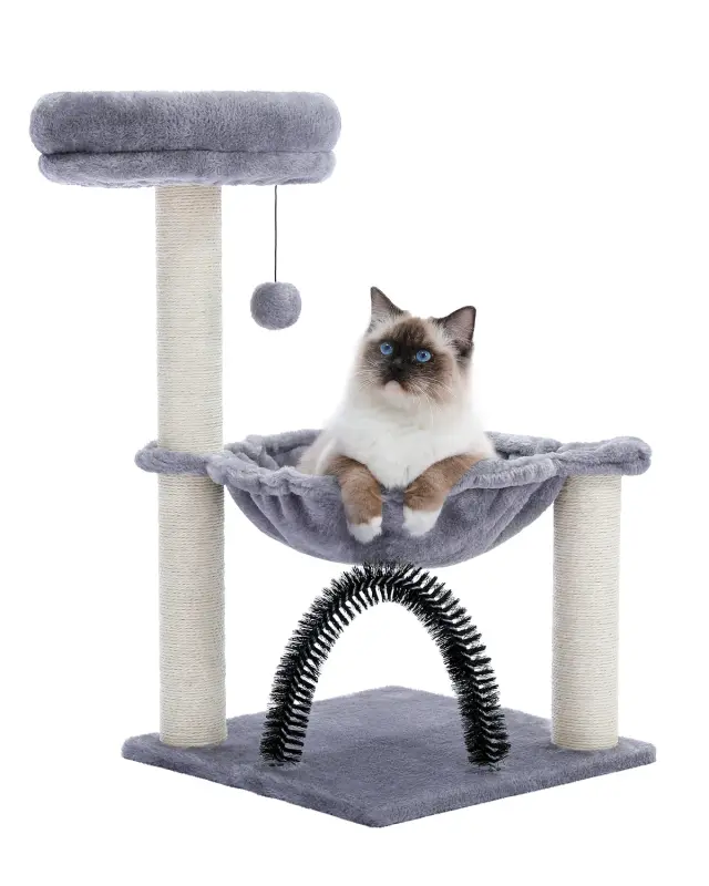 Torre de Gato Elegante com Rede de Pelúcia, Arranhador e Poleiro Superior para Gatos de Interior