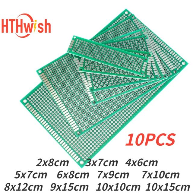 Circuito PCB Universal Protoboard Kit, Dupla Face, Stripboard, DIY, Eletrônico, 2x8, 3x7, 4x6, 5x7, 7x9, 10x10, 10x15cm, 10 PCes