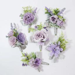 Boutonniere e pulso Corsage para convidados, flores simuladas, suprimentos do casamento, roxo, banquete suprimentos, noivo noiva, 368 - Image 1