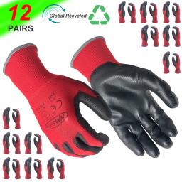 Luvas de segurança de jardim para homens Luvas de malha Nylon mergulhado, PU nitrilo revestido, Palm Security, Trabalho de proteção, Vermelho, 24 pares, 12 pares - Image 1