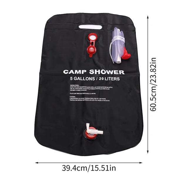 Saco Dobrável para Água Solar 20L com Mangueira Removível e Chuveiro para Atividades ao Ar Livre