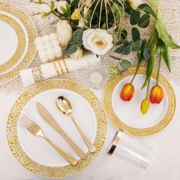 Conjunto de louça descartável dourado elegante, perfeito para festas e casamentos, inclui pratos e talheres, limpeza fácil, 100 pcs - Image 4