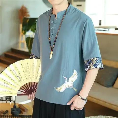 Estilo chinês masculino verão fino algodão linho manga curta camiseta bordado guindaste design solto ajuste botão-up camisa casual - Image 1
