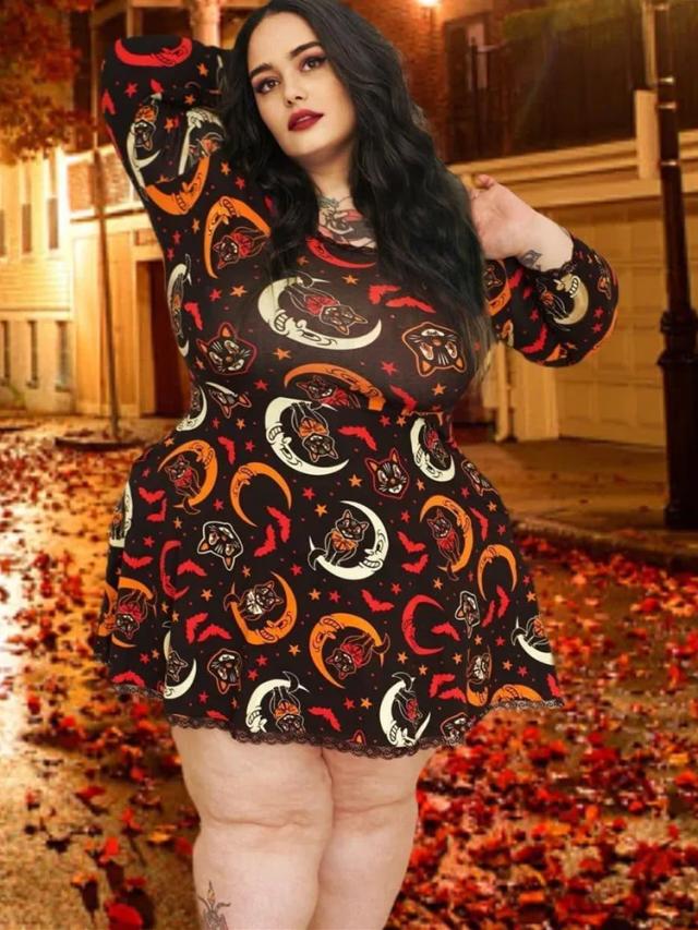 Vestido Gótico Feminino Angélico com Estampa de Gato Lunar, Pulôver de Cintura Alta e Bainha de Renda para Festas