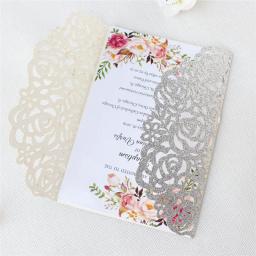 (10 peças/lote) cartão de convite de casamento de luxo do brilho do ouro com fita corte a laser rosa quinceanera cartões de festa de aniversário ic055 - Image 4