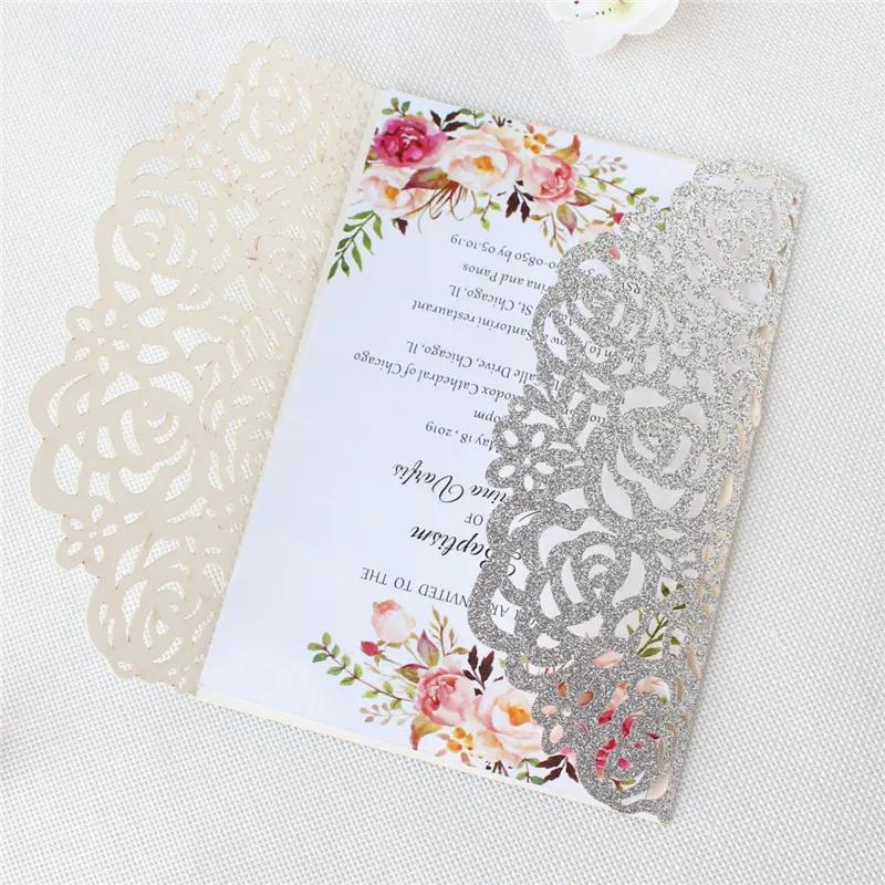 (10 peças/lote) cartão de convite de casamento de luxo do brilho do ouro com fita corte a laser rosa quinceanera cartões de festa de aniversário ic055 - Image 1