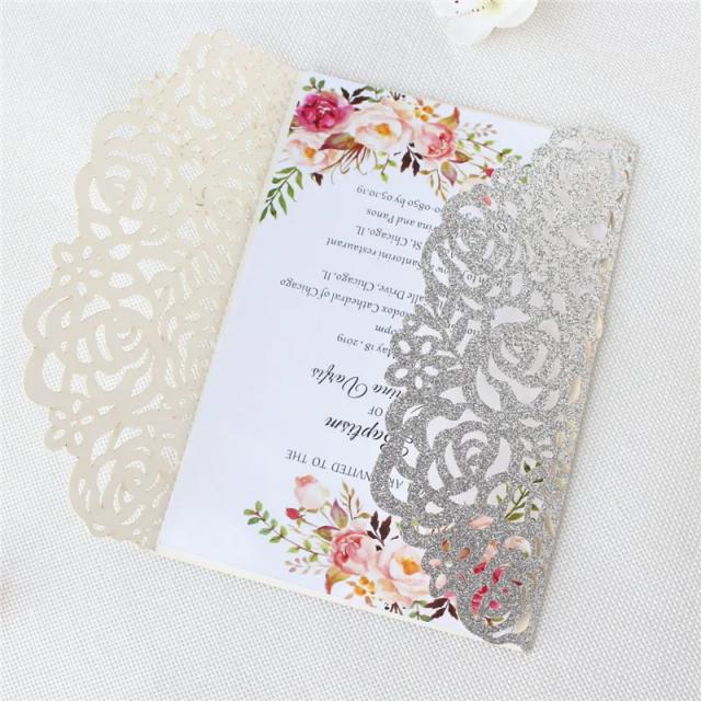 Cartão de Convite de Luxo para Casamento e Aniversário com Brilho Dourado e Fita Rosa - Lote com 10 Peças
