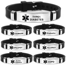 Pulseira de alerta médico gravável em aço inoxidável para homens e mulheres, jóias de silicone, diabetes, epilepsia, depressão, alergia - Image 2